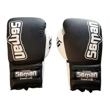 Boxing gloves, Saman, SFG, leather, with laces, Black-white, 10oz