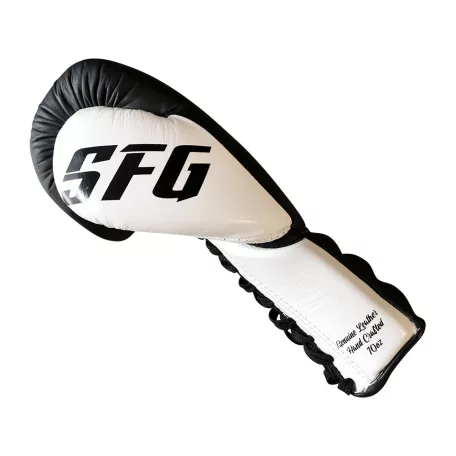 Boxing gloves, Saman, SFG, leather, with laces, Black-white, 10oz