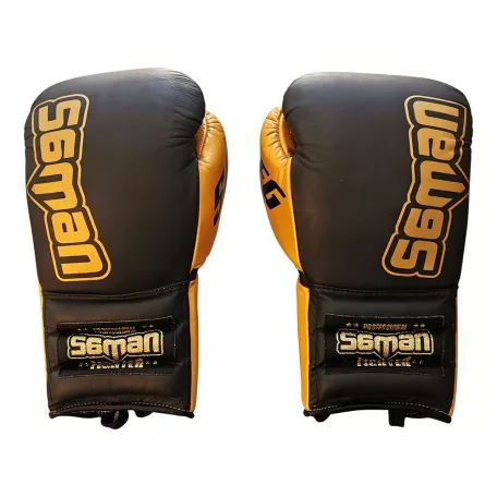 Boxing gloves, Saman, SFG, leather, with laces, Black-gold, 12oz