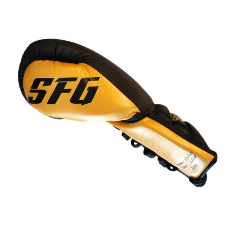 Boxing gloves, Saman, SFG, leather, with laces, Black-gold, 12oz