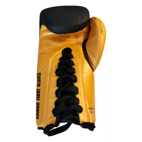 Boxing gloves, Saman, SFG, leather, with laces, Black-gold, 12oz